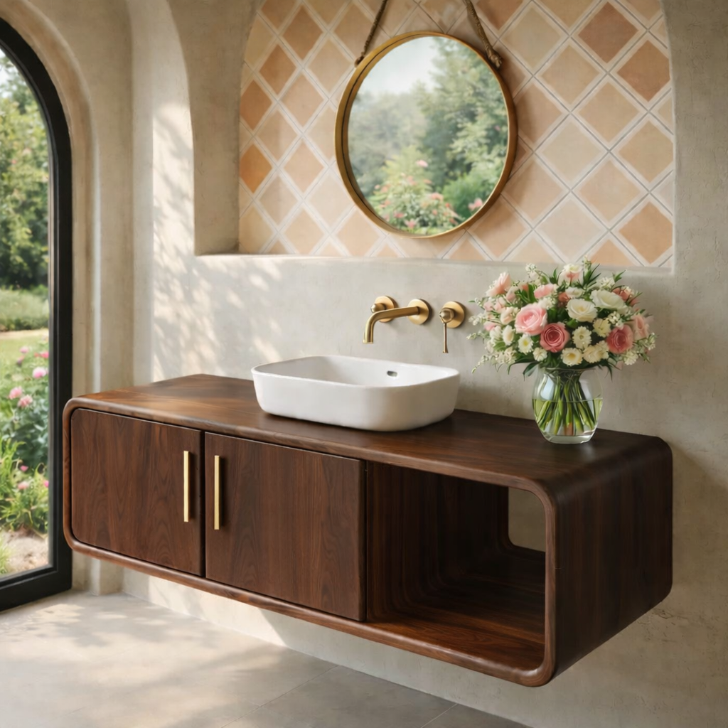 Floating Solid Wood Bathroom Vanity with Cabinet Doors and Open Shelf for Elegant Bathrooms