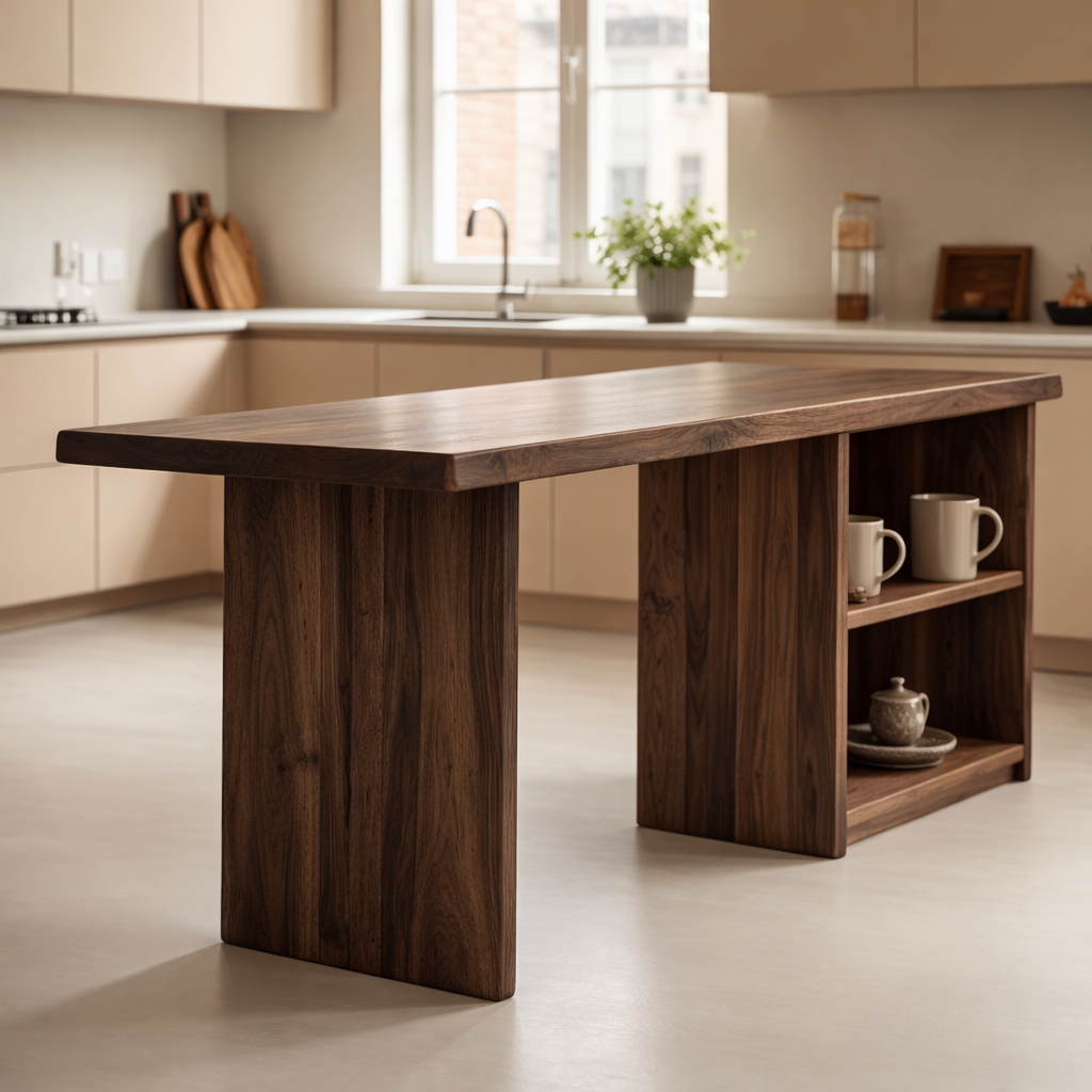 Solid Wood Kitchen Island with Open Shelf Storage and Spacious Prep Table