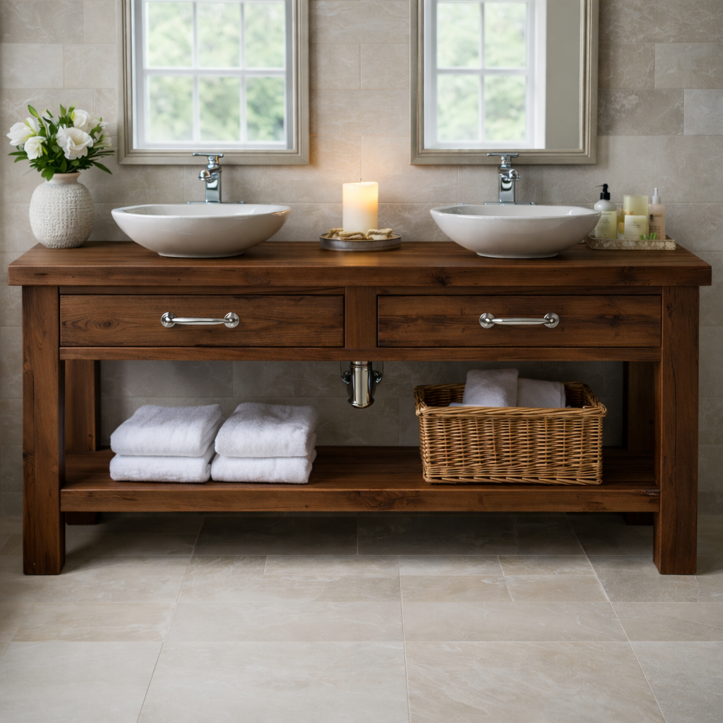 Solid Wood Double Bathroom Vanity with Drawers and Open Shelf Storage