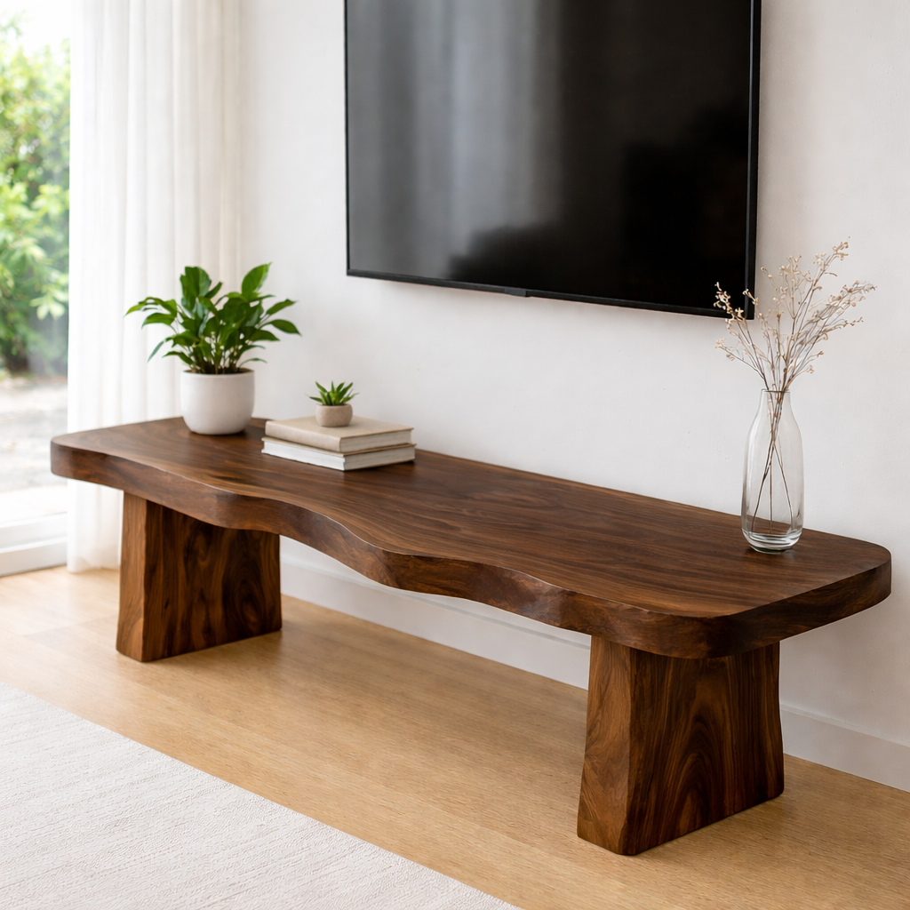 Live Edge Solid Wood TV Stand – Rustic Walnut Media Console Table for Living Room
