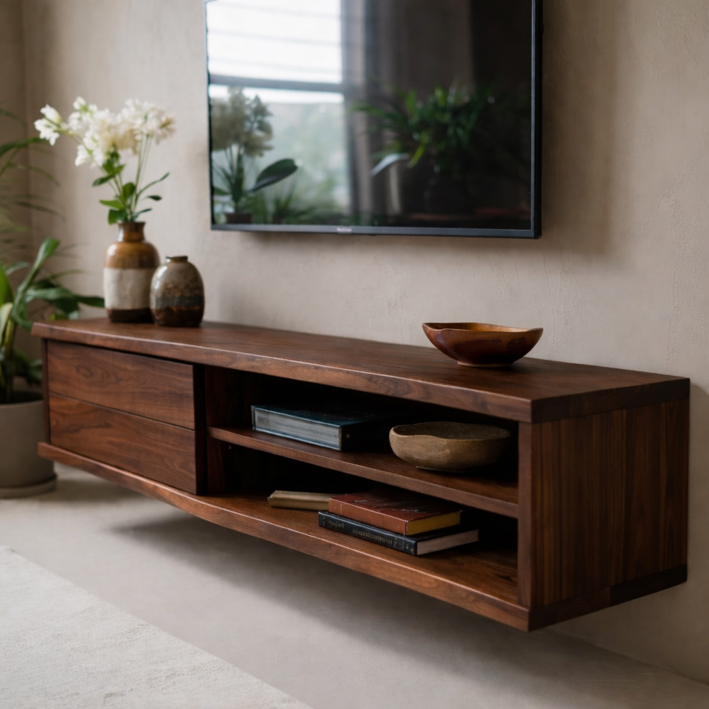 Floating Solid Wood TV Stand with Drawer and Open Shelves for Modern Living Rooms