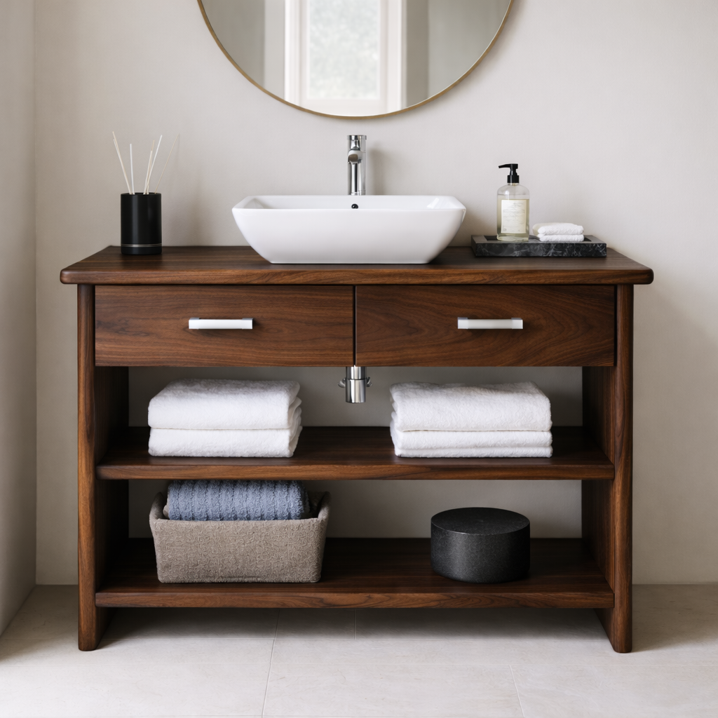 Solid Wood Bathroom Vanity Cabinet with Drawers and Open Shelves – Modern Freestanding Single Vanity