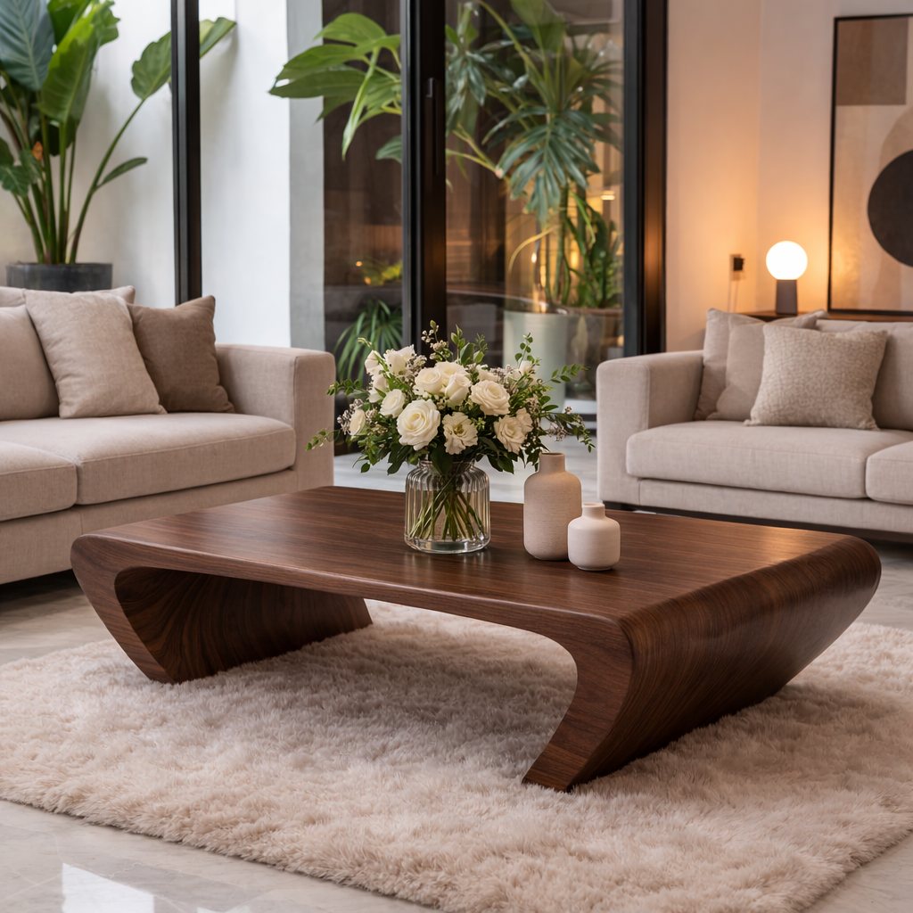 Modern Solid Wood Coffee Table with Sculptural Curved Base Minimalist Living Room Table