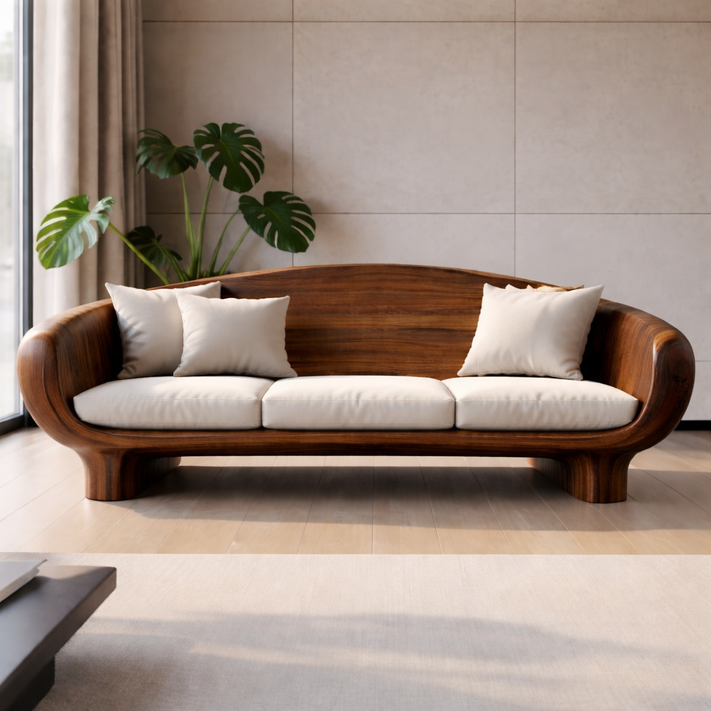 Modern Solid Oak Sofa with Curved Wooden Frame Minimalist Scandinavian Living Room Couch