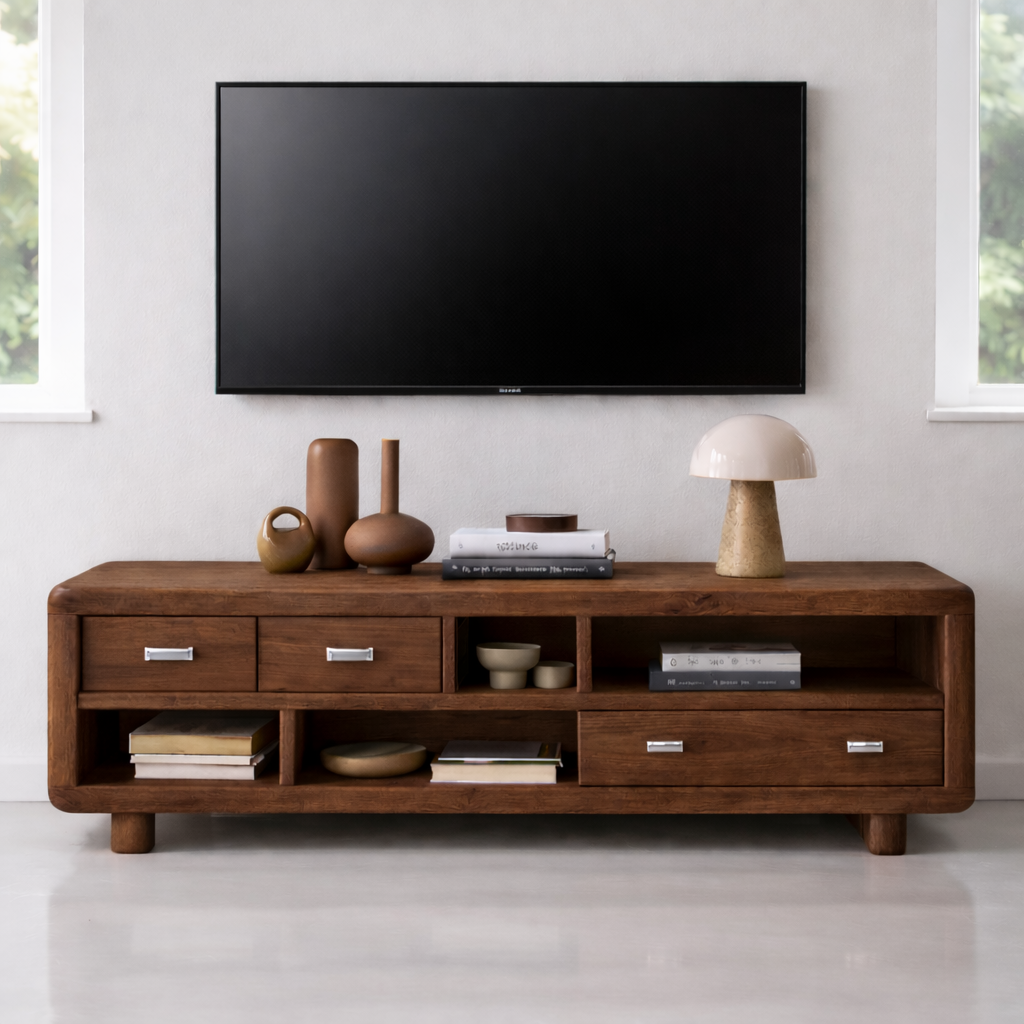 Solid Wood TV Stand with Drawers and Open Shelves Rustic Oak Media Console for Living Room