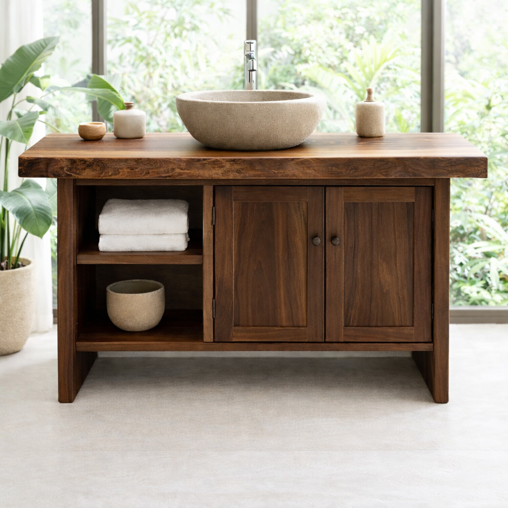 Solid Wood Bathroom Vanity Cabinet with Double Doors and Open Shelf – Rustic Modern Freestanding Vanity Base
