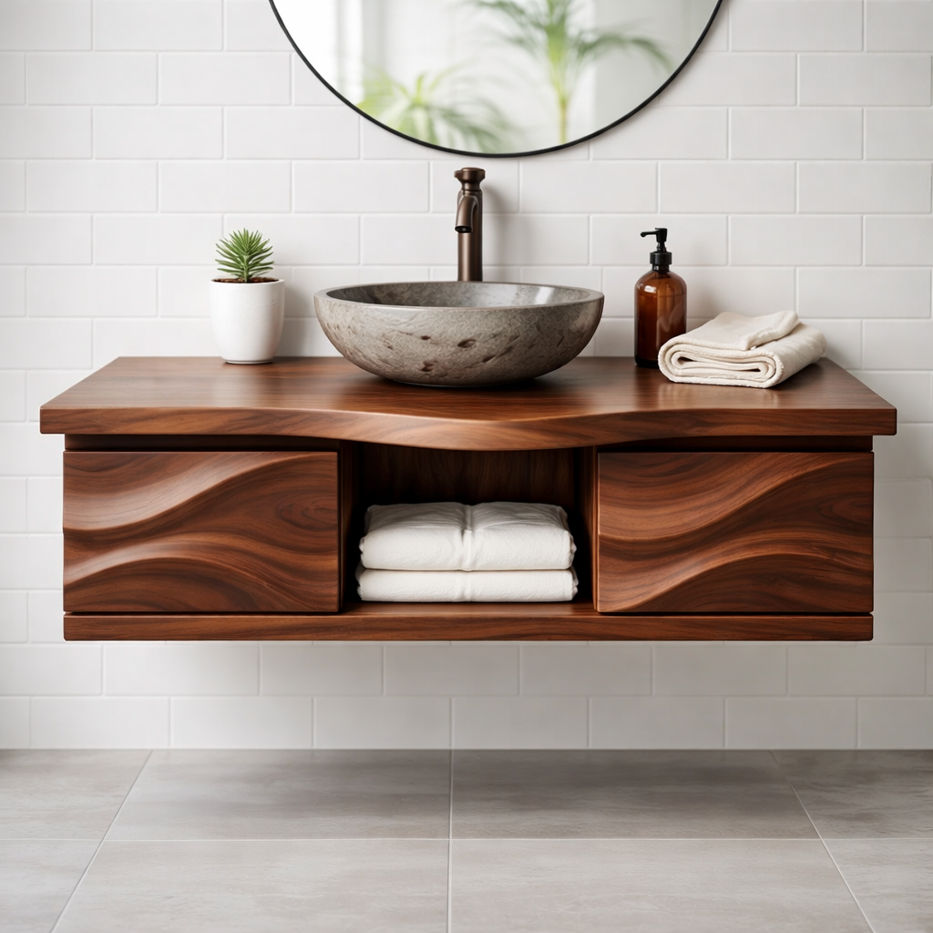 Floating Solid Wood Bathroom Vanity with Sculpted Wavy Front and Open Shelf