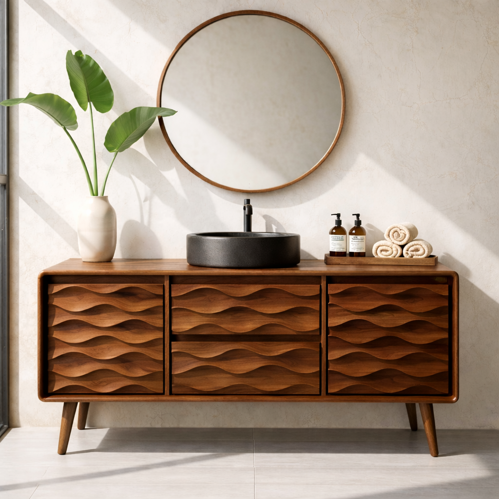 Solid Wood Bathroom Vanity with Layered Wavy Front Panels and Storage Drawers