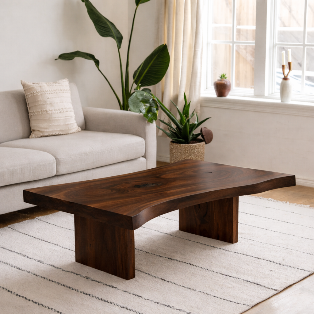 Solid Wood Coffee Table with Live Edge Top and Minimal Block Legs
