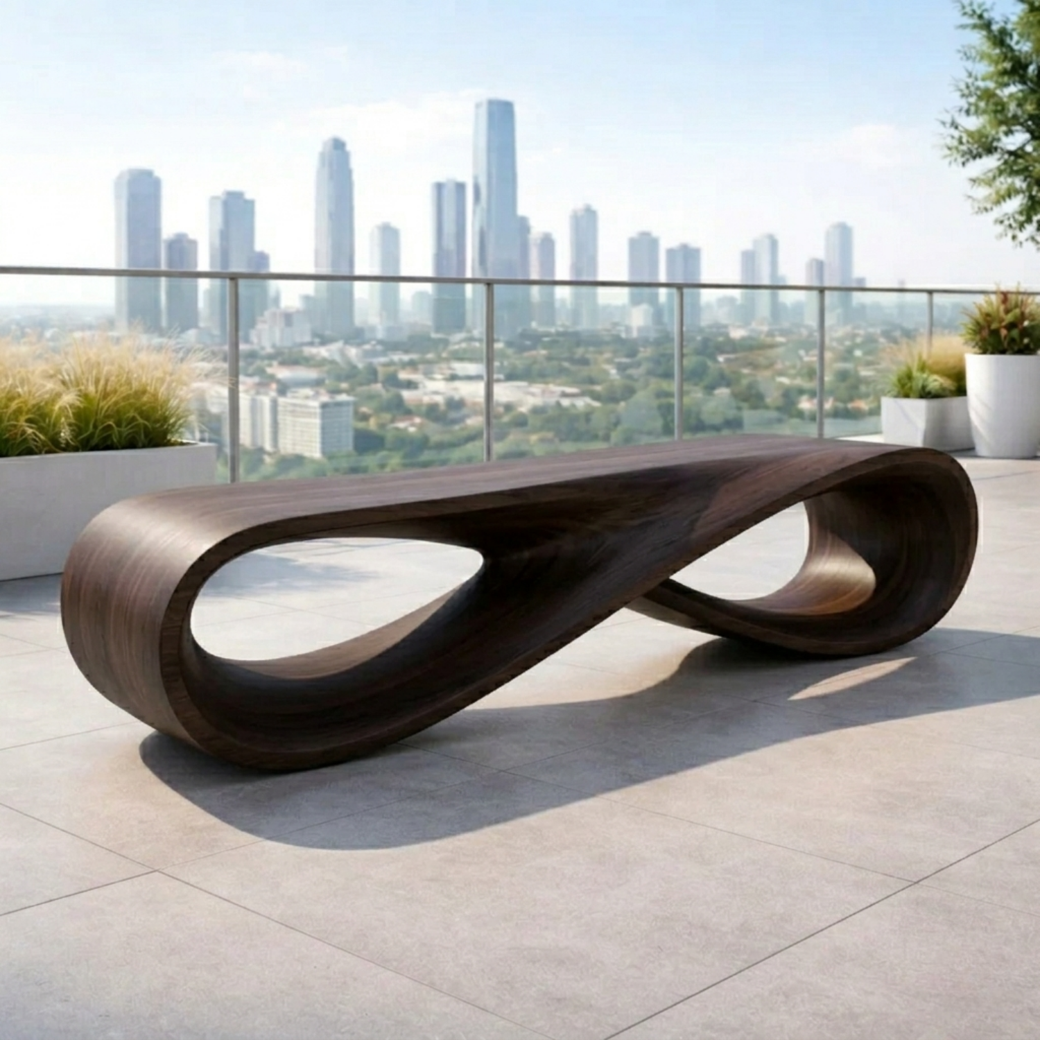 Handcrafted Solid Wood Outdoor Bench – Modern Loop Sculptural Patio Seating