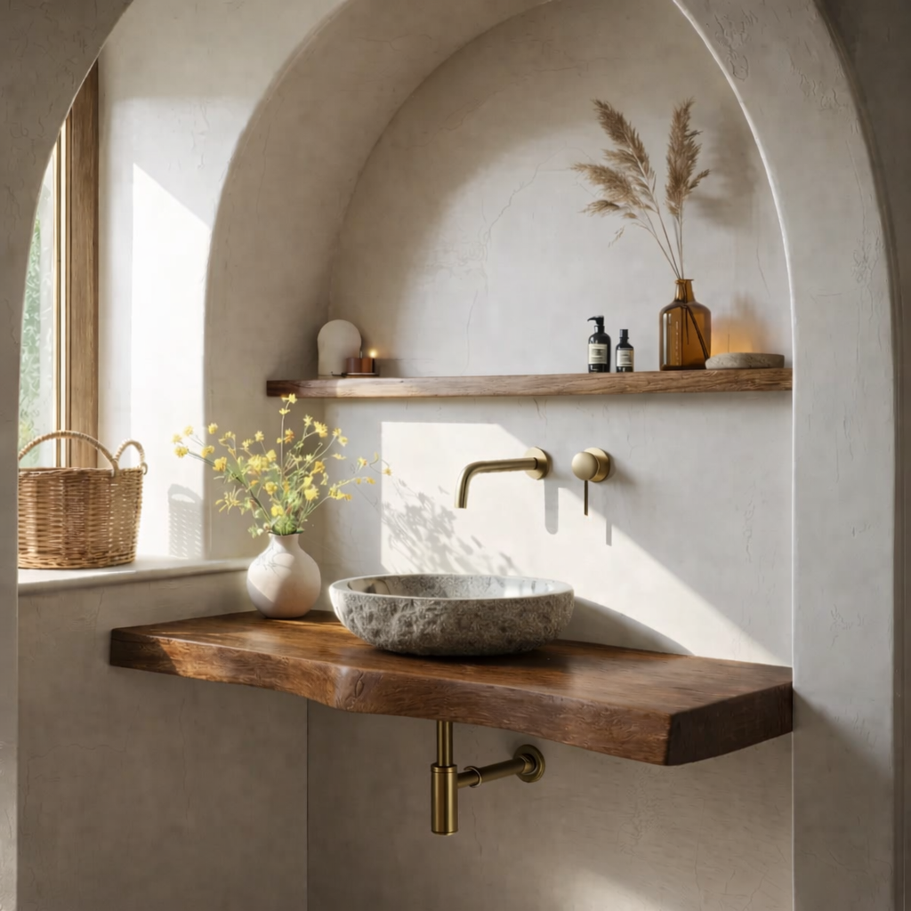 Solid Wood Floating Bathroom Vanity Shelf with Rustic Natural Finish