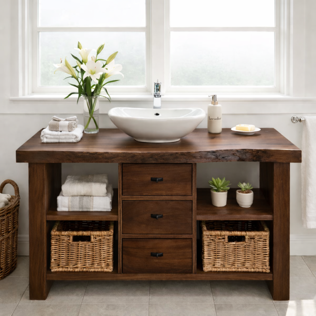 Rustic Walnut Bathroom Vanity with Drawers and Storage for Modern Bathrooms