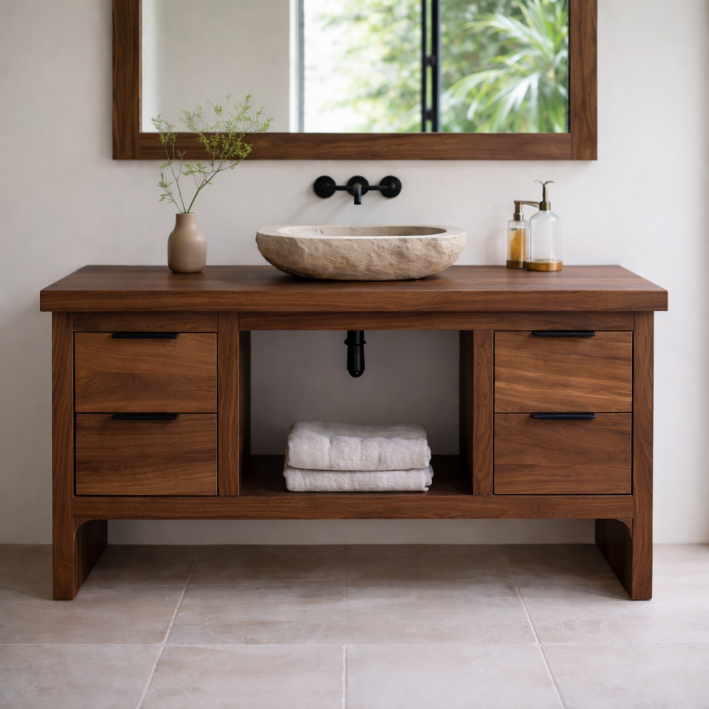 Rustic Soild Wood Bathroom Vanity with Drawers and Open Shelf for Contemporary