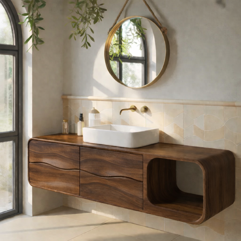 Floating Solid Wood Bathroom Vanity with Drawers and Open Shelf