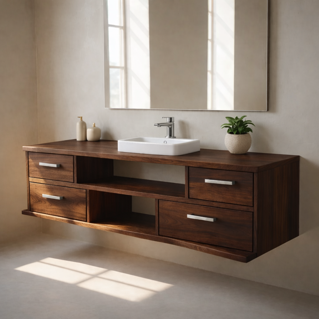 Floating Solid Wood Bathroom Vanity with Drawers and Open Shelf for Modern Bathrooms