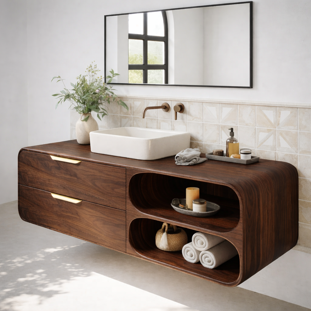 Floating Solid Wood Bathroom Vanity with Drawers and Open Curved Shelves for Modern Bathrooms