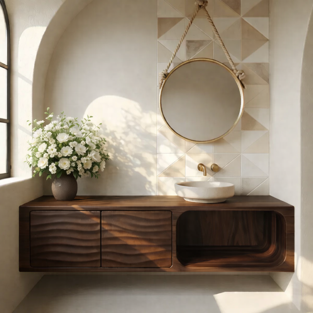 Floating Solid Wood Bathroom Vanity with Textured Cabinet Doors and Open Shelf for Contemporary Homes