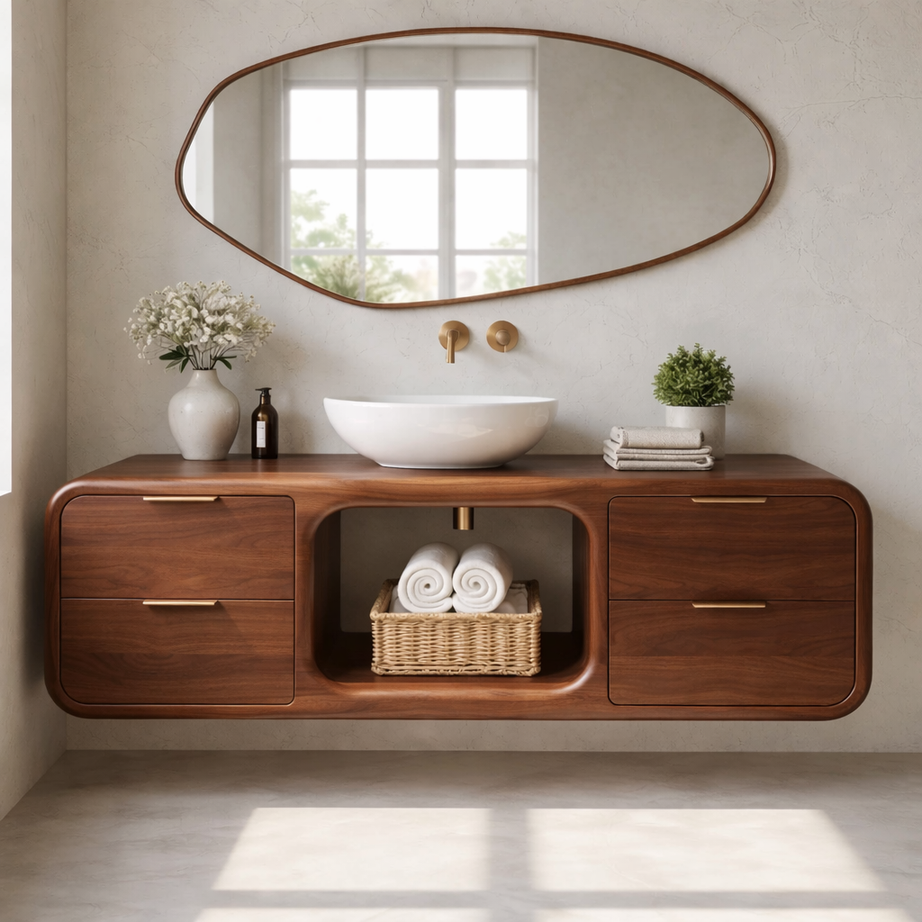 Modern Floating Solid Wood Bathroom Vanity with Open Center Shelf and Drawer Storage