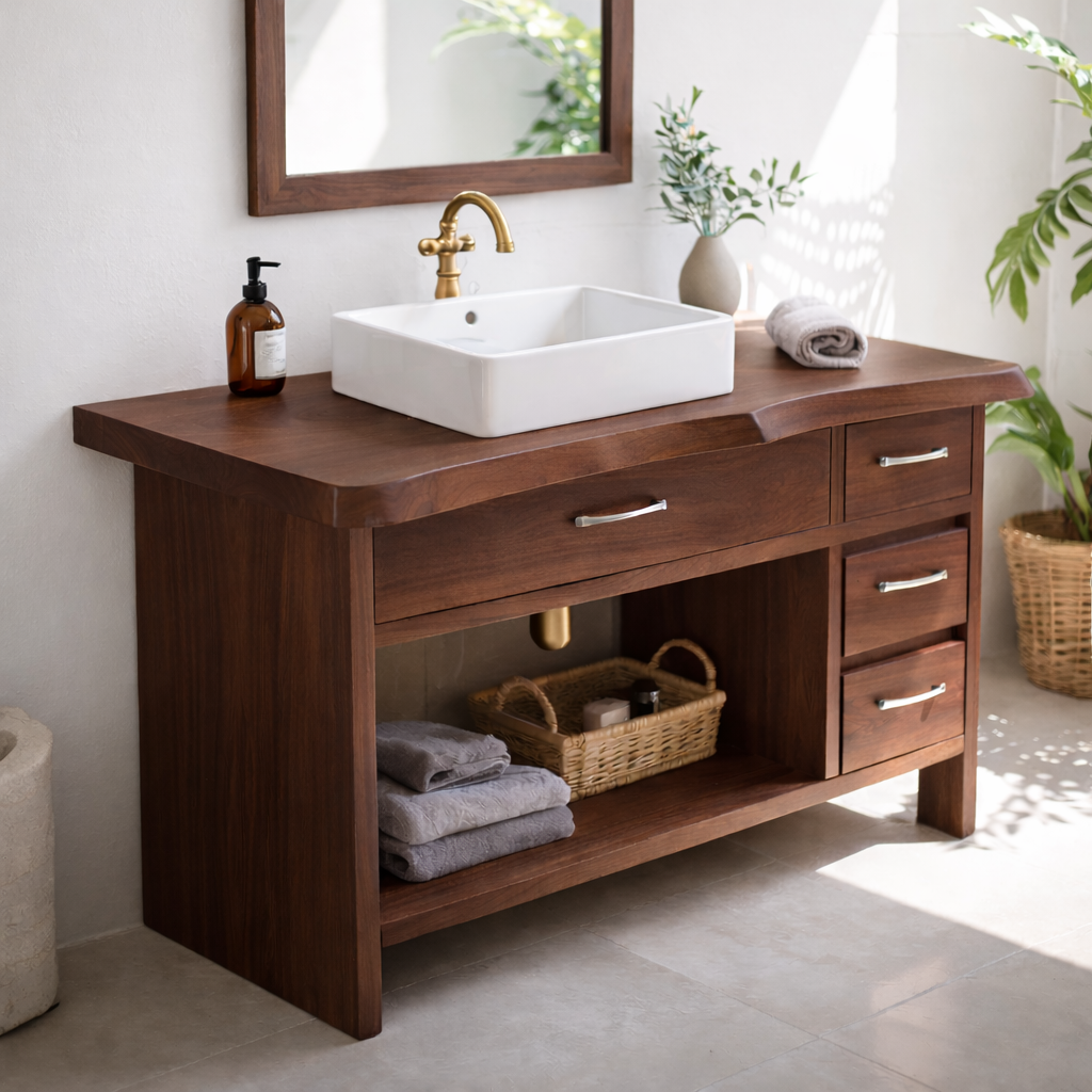 Modern Solid Wood Bathroom Vanity with Multiple Drawers and Open Storage Shelf