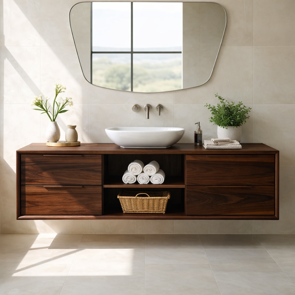 Modern Floating Oak Bathroom Vanity with Open Shelf and Double Drawer Storage