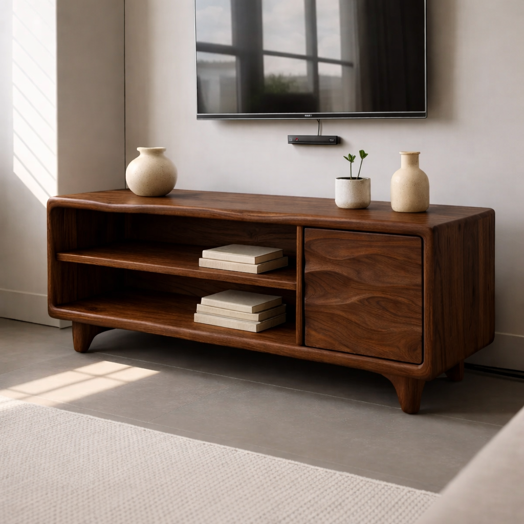 Modern Solid Wood TV Stand with Open Shelves and Wave Grain Cabinet Door