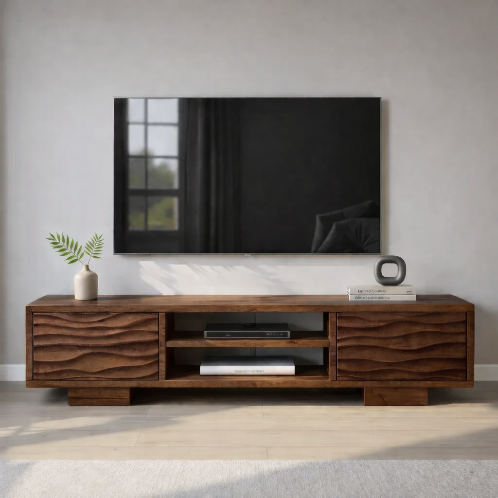 Modern Solid Wood TV Stand with Wave Front Drawers and Open Media Shelf