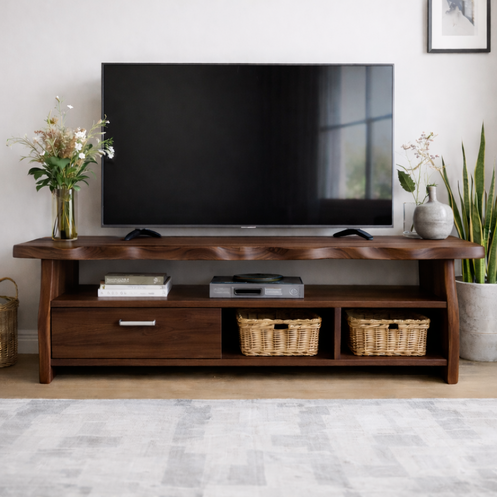 Mid-Century Solid Wood TV Stand with Drawer and Open Storage Shelves