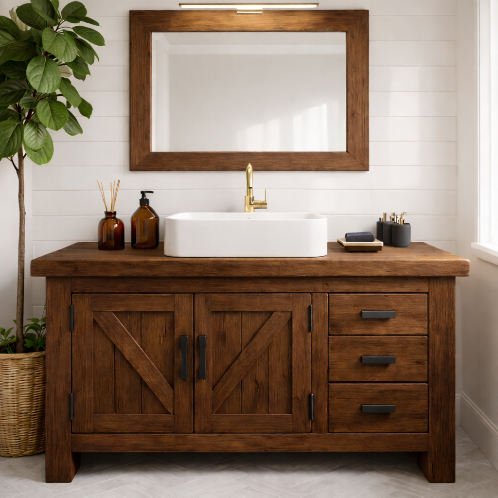 Rustic Farmhouse Solid Wood Bathroom Vanity with Double Barn Doors and Three Side Drawers