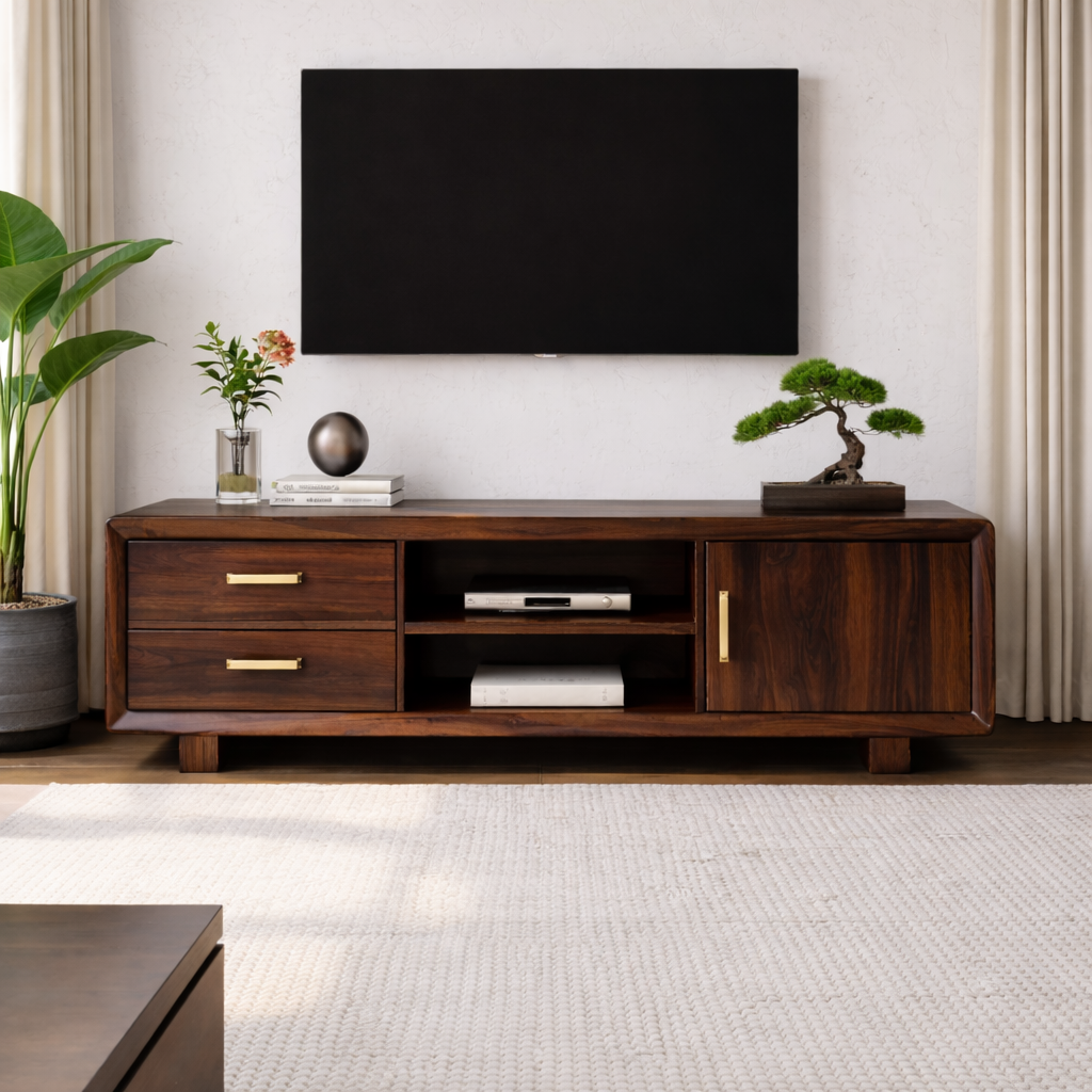Modern Soild Wood TV Stand with Drawers, Cabinet Door, and Open Media Shelves