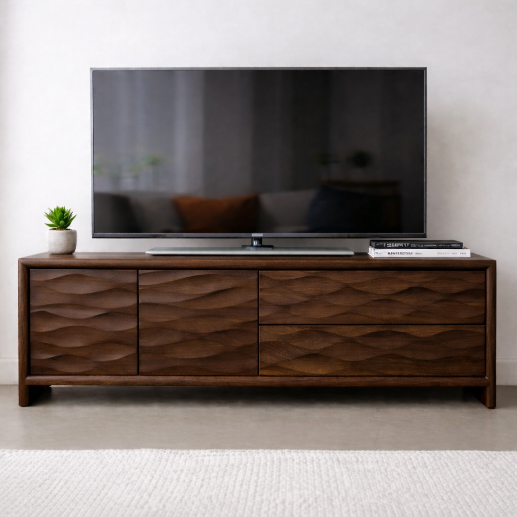Modern Soild Wood TV Stand with Textured Wave Cabinet Doors and Storage Drawers