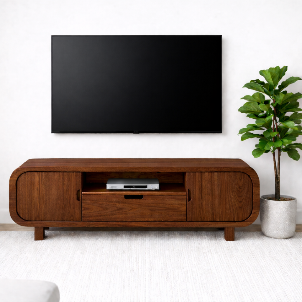 Modern Solid Oak TV Stand with Cabinet Doors and Drawer, Wooden Media Console for Living Room