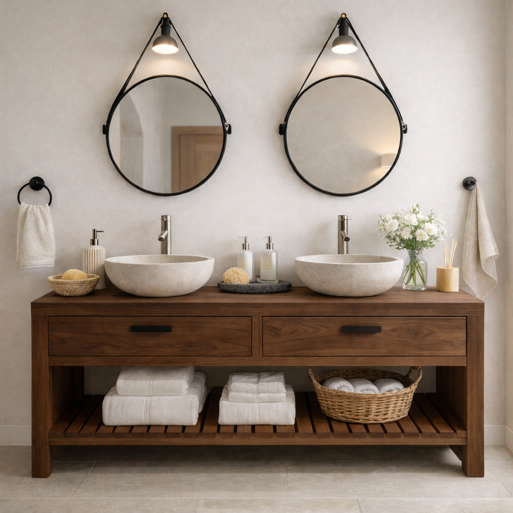 Scandinavian Solid Wood Double Sink Bathroom Vanity with Dual Drawers and Slatted Open Shelf