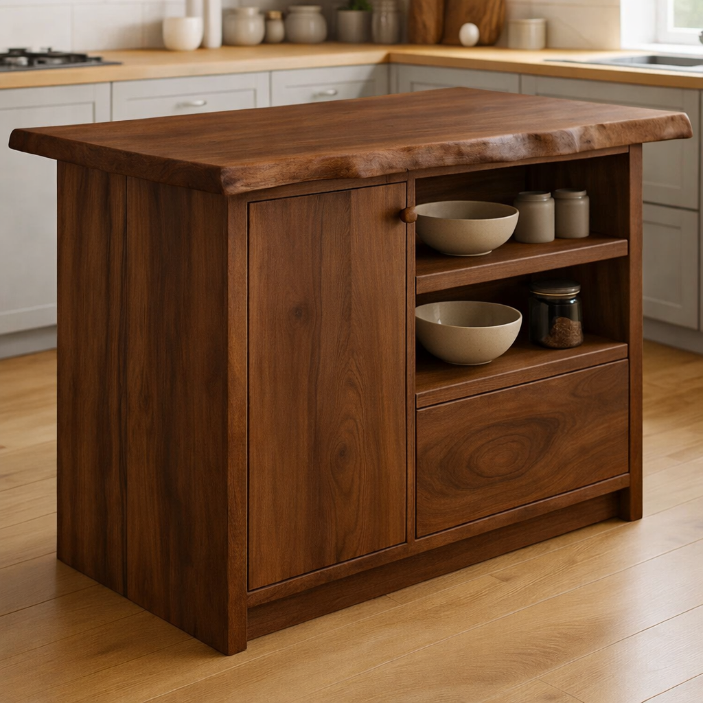 Solid Wood Kitchen Island with Cabinet and Open Shelves, Modern Oak Kitchen Prep Table