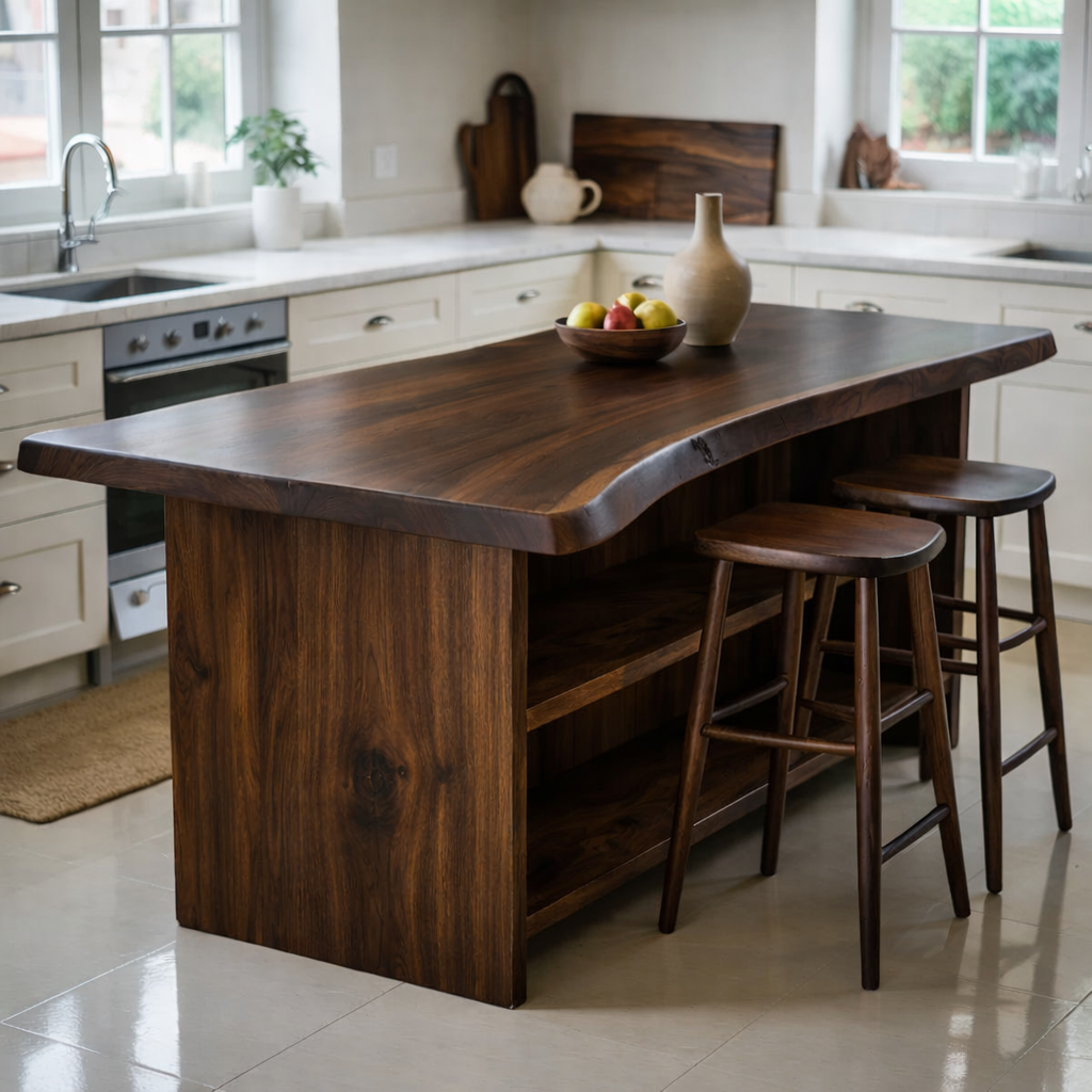 Live Edge Solid Wood Kitchen Island with Open Shelf Storage and Seating Bar Table