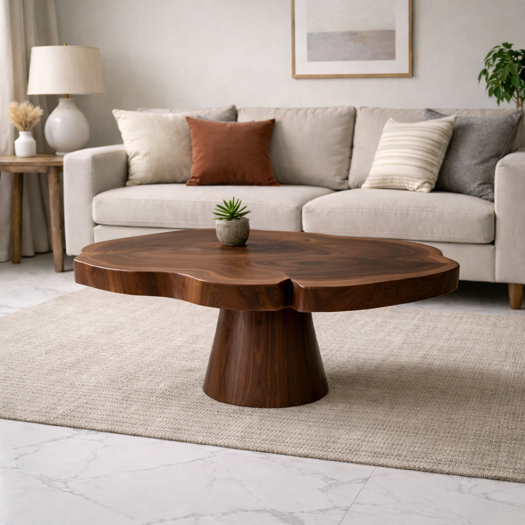Solid Wood Coffee Table with Organic Edge Top Modern Sculptural Living Room Table