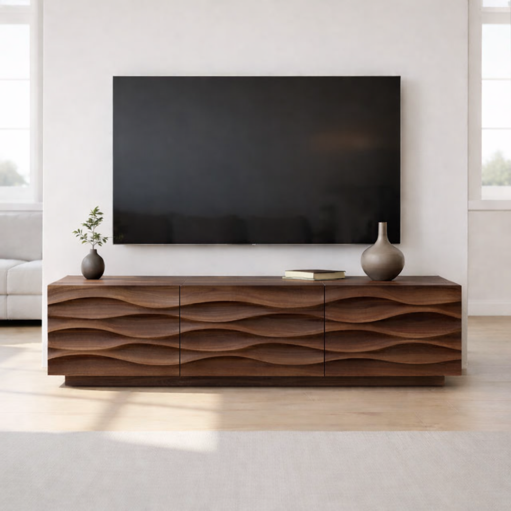 Modern Solid Wood TV Stand with Wave Front Design, Walnut Finish Media Console Cabinet