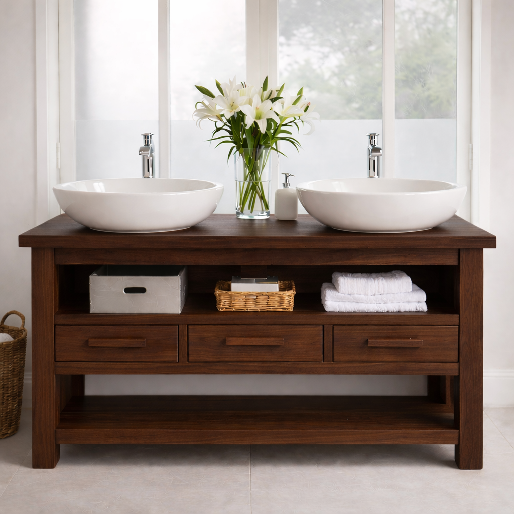 Solid Oak Double Bathroom Vanity with Storage for Spacious Bathrooms