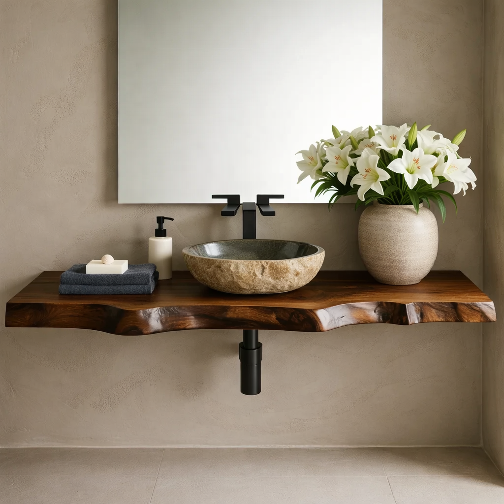 Floating Live Edge Solid Wood Bathroom Vanity Shelf – Natural Wood Slab Wall Mounted Countertop