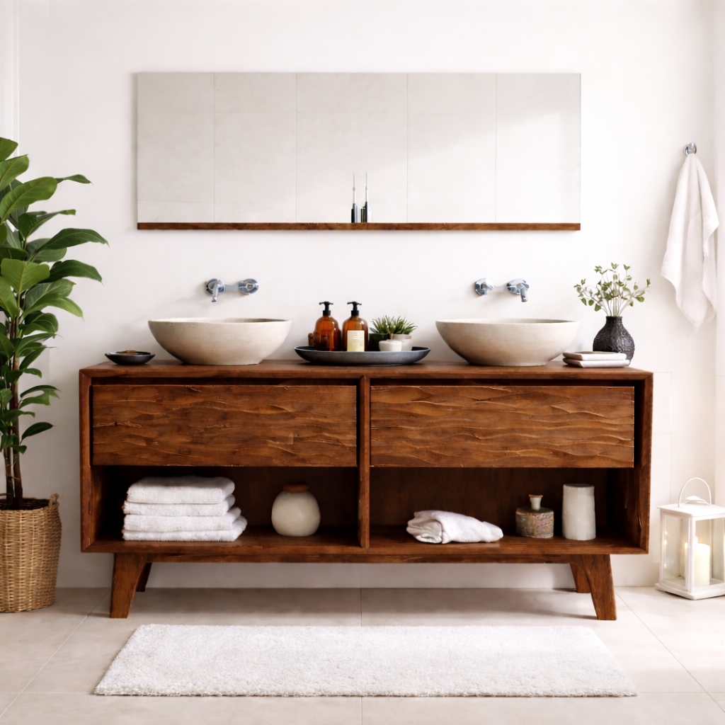 Mid-Century Solid Wood Double Bathroom Vanity with Sculpted Wave Drawer Fronts and Open Storage