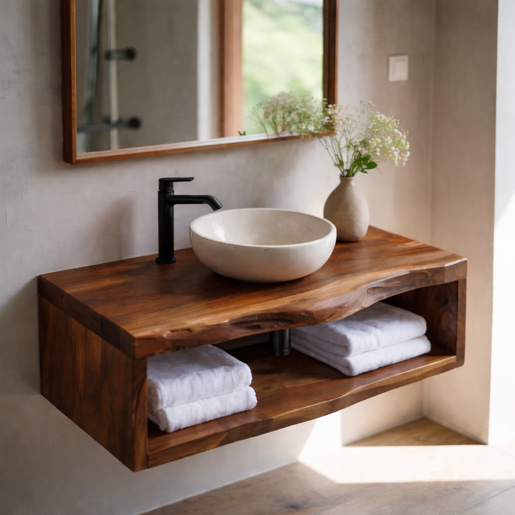 Live Edge Floating Bathroom Vanity, Solid Wood Wall Mounted Vanity Shelf with Storage