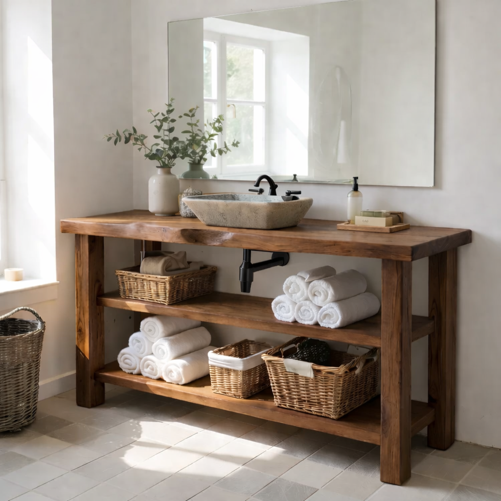 Solid Wood Console Bathroom Vanity with Open Shelves – Rustic Farmhouse Single Sink Vanity