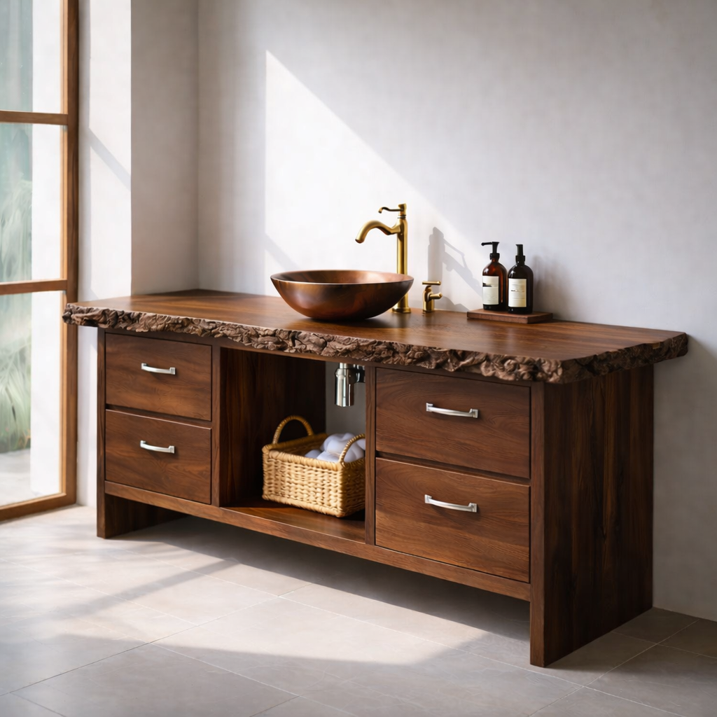 Rustic Solid Wood Bathroom Vanity with Live Edge Countertop