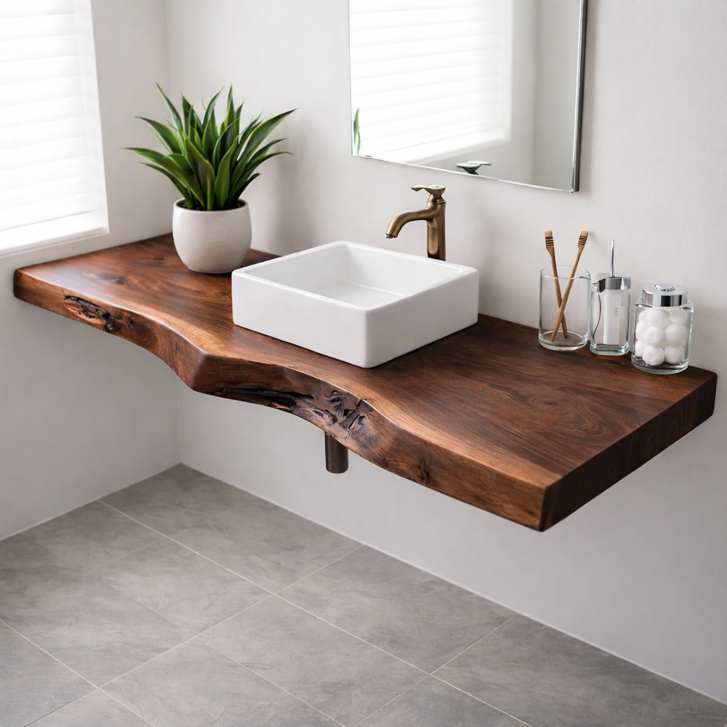 Floating Live Edge Solid Wood Bathroom Shelf Wall Mounted Natural Wood Vanity Top