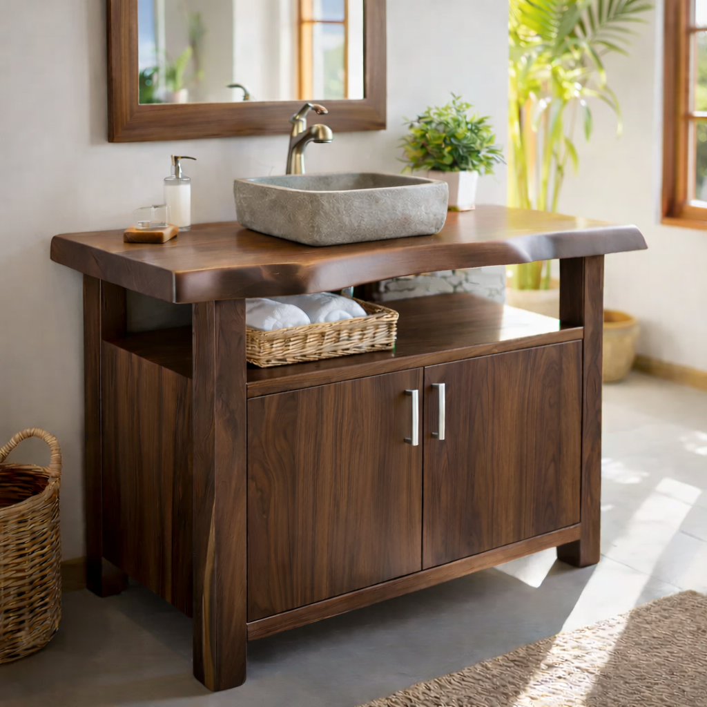 Solid Wood Bathroom Vanity Cabinet with Open Shelf Storage