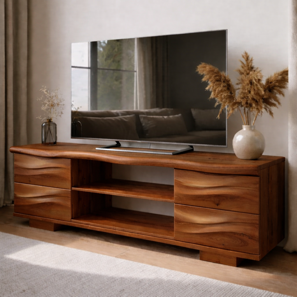 Solid Wood TV Stand with Drawers and Open Shelves for Natural Style Interiors
