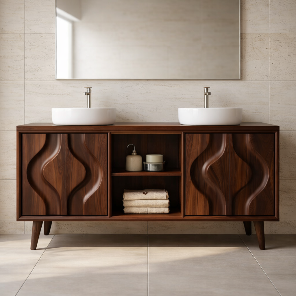 Mid-Century Solid Wood Double Bathroom Vanity Cabinet with Sculpted Wave Doors and Open Shelf