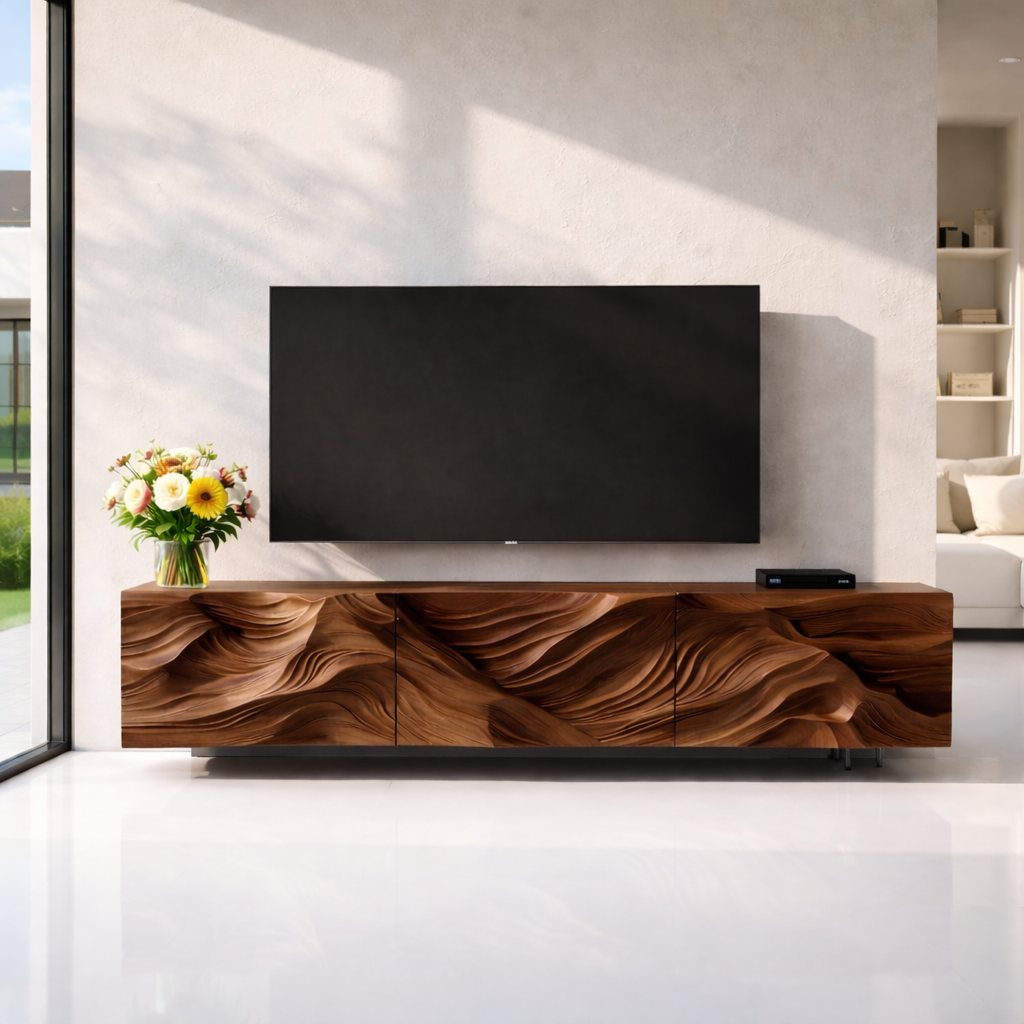 Modern Solid Wood TV Stand with Artistic Carved Front – Walnut Media Console Cabinet