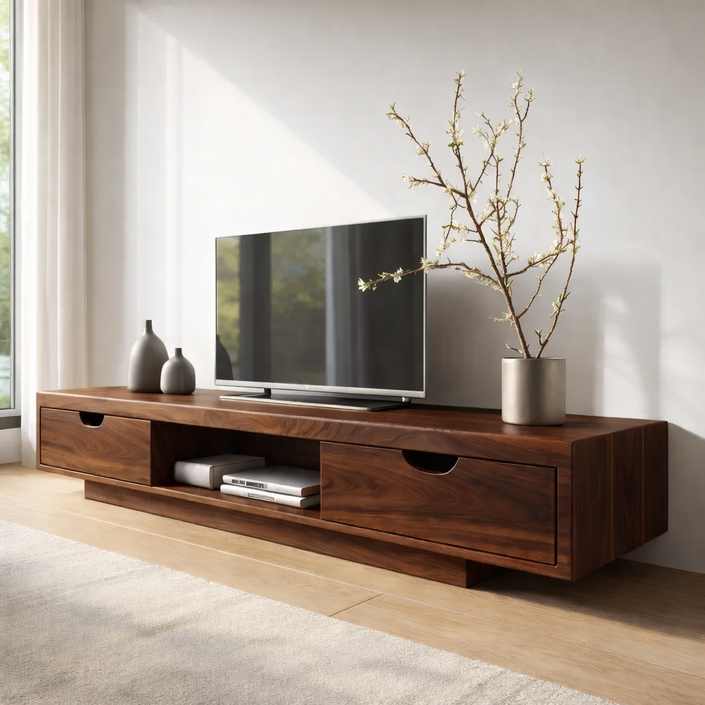 Walnut Wood TV Stand with Drawers – Modern Solid Wood Media Console Cabinet