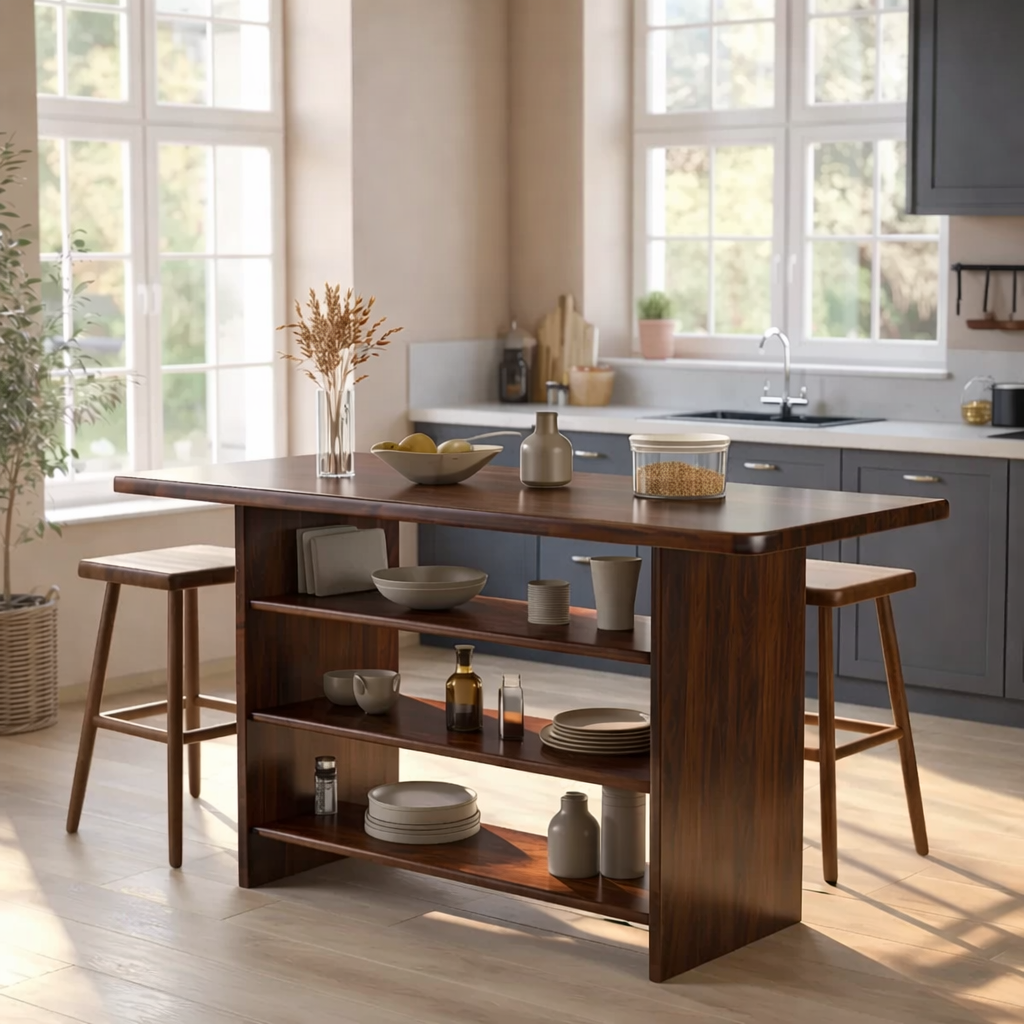 Solid Wood Kitchen Island with Open Storage Shelves and Kitchen Bar Table
