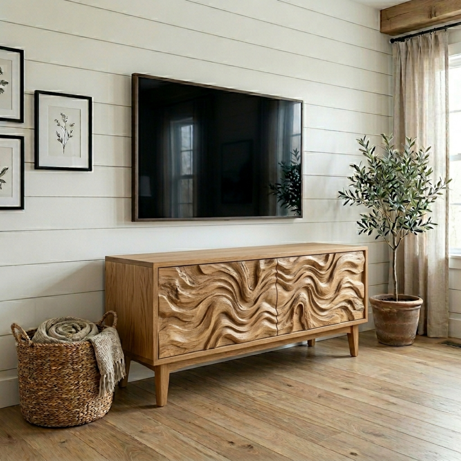 Solid Wood Rustic TV Stand with Hand-Carved Wave Doors – Modern Media Console